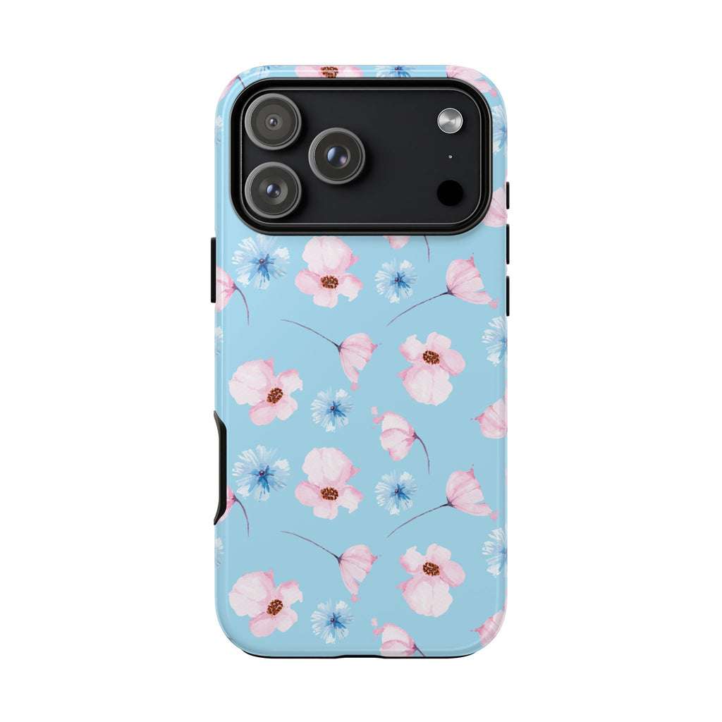 Handyhülle mit blau-rosa Blumenmuster